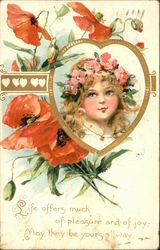 GIrl in Heart Frame with Poppies Girls Postcard Postcard Postcard