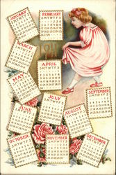 Young girl standing among pages from a calendar. Calendars Postcard Postcard Postcard