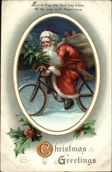 Christmas Greetings - Santa on Bicycle Santa Claus Postcard Postcard Postcard