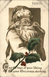 B&W Santa Holding Sock with Colored Holly Santa Claus Postcard Postcard Postcard