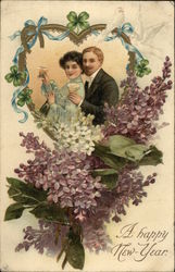 A Happy New Year- Couple in Heart Portrait with Flowers New Year's Postcard Postcard Postcard