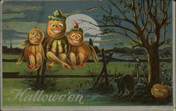 Pumpkin Creatures Sitting on a Fence at Night with Black Cat Postcard