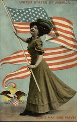 United States of America, Long May She Wave! - Woman with USA Flag Patriotic Postcard Postcard Postcard