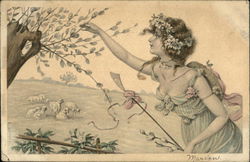 Woman with Sheep in Meadow Picking Blossoms From Tree Postcard