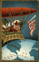 X-mas Greetings - N. America - Santa Flying in Vehicle - USA Flag Postcard