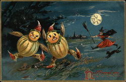 Halloween - Gourd Characters Running from a Witch Postcard Postcard Postcard