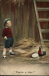 Boy in Barn with Chicken and Large Egg Comic, Funny Postcard Postcard Postcard