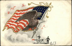 Flag and Eagle Poised over Firing Cannon Postcard