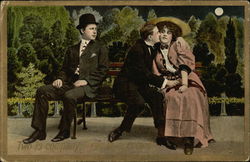 Jealous Man Looks at Man and Woman Cuddling on a Bench Postcard