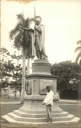 Man Standing Beside Statue of King Kamehameha Honolulu, HI Postcard Postcard Postcard