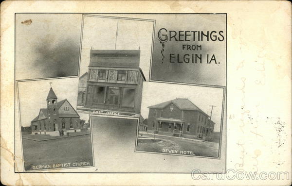 German Baptist Church, Post Office and Dewey Hotel Elgin, IA Postcard