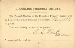 Brookline Friendly Society Boston, MA Postcard Postcard Postcard