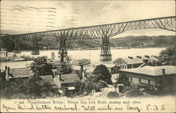 Poughkeepsie Bridge, Albany Day Line Boats Passing Postcard