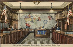 View of the Philadelphia Record Lobby Showing Giant Global Map Pennsylvania Postcard Postcard