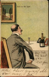 Man Sitting at table, Wine bottle Postcard