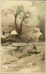 Man with rowboat in front of snowy houses Christmas Postcard Postcard