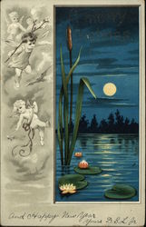 Cherubs Alongside Scene of Pond with Lily Pads Postcard