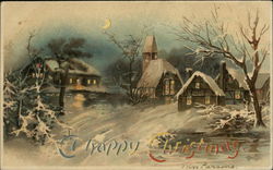 Houses, Church & trees covered in snow Christmas Postcard Postcard