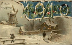 Snowy Scene, Windmill in background, 1910 Year Dates Postcard Postcard