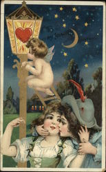 Cherub on Ladder Looking at Heart on Light Pole as Two Children Kiss Postcard Postcard