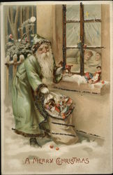 Santa in Green delivering presents at window Santa Claus Postcard Postcard