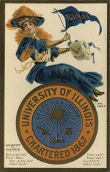 University of Illinois College Girl, Pennant and School Seal Postcard