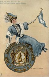 University of Maine Girl with Flag and Seal Postcard