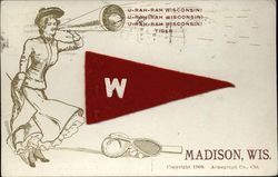 University of Wisconsin Girl with Flag and Sports Equipment Postcard