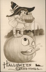 Girl Feeding Cider to Jack O'Lantern Halloween Postcard Postcard Postcard