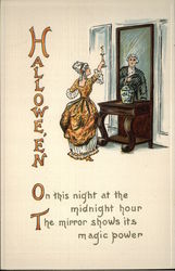 Woman Looking in Mirror to See Who Arrives Halloween Postcard Postcard Postcard