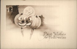 Two Jack O'Lanterns on Sticks Halloween Postcard Postcard Postcard