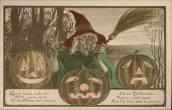 Menacing Witch and Three Jack-O-Lanterns Halloween Postcard Postcard Postcard