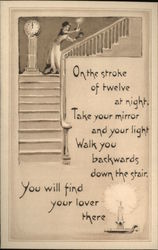 Girl Descending Stairs Backwards Holding Mirror Halloween Postcard Postcard Postcard