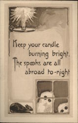 Candle Burning to Scare Ghosts Peering Through Window Halloween Postcard Postcard Postcard