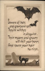 Bats and Black Cats in Graveyard Halloween Postcard Postcard Postcard