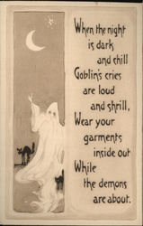 Ghost and Black Cat Under Crescent Moon Halloween Postcard Postcard Postcard