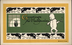 Rare Child holding candle Black Owl, Cats Halloween Postcard Postcard Postcard