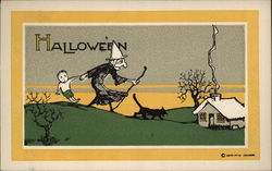 Rare Witch Taking Boy to House with Black Cat Halloween Postcard Postcard Postcard