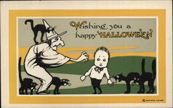 Rare Witch and her cats scare young boy Halloween Postcard Postcard Postcard