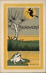 Rare Witch Flying at Full Moon While Frog Watches Halloween Postcard Postcard Postcard