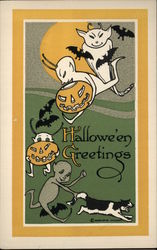 Rare Bats and Goblins w/Jack-O-Lanterns Terrorize Cat Halloween Postcard Postcard Postcard