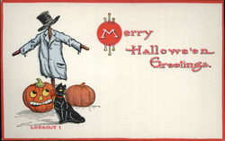 Scarecrow, Jack O'Lantern and Black Cat Halloween Postcard Postcard Postcard