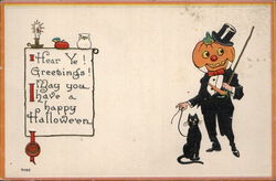 Jack o lantern wearing tuxedo hold his cat on a leash. Halloween Postcard Postcard Postcard