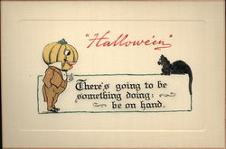 Jack O'Lantern in Suit and Black Cat Postcard