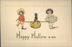 Two Children Carrying Jack O'Lantern and Black Cat Halloween Postcard Postcard Postcard