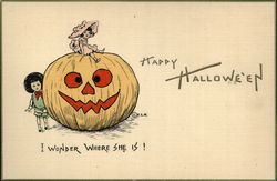 Two Children and Jack O'Lantern Halloween Postcard Postcard Postcard