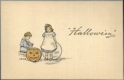 Two Children Playing With Jack O'Lantern Postcard