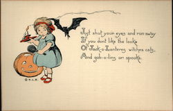 Girl Holding a Candle Beside a Jack-O-Lantern and bat Postcard