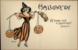 Rare Witch Carries JOL's on Broom Postcard