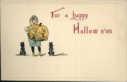 Young Boy with JOL, Black Cats Halloween Postcard Postcard Postcard